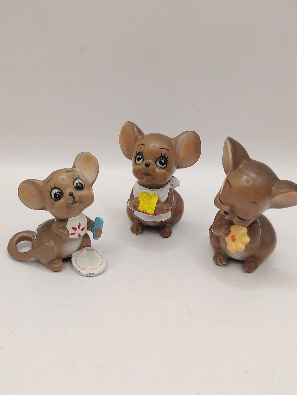 Vintage Lot Of 3 - 1960's Josef Originals Mice, With Plate, Cheese And A Flower